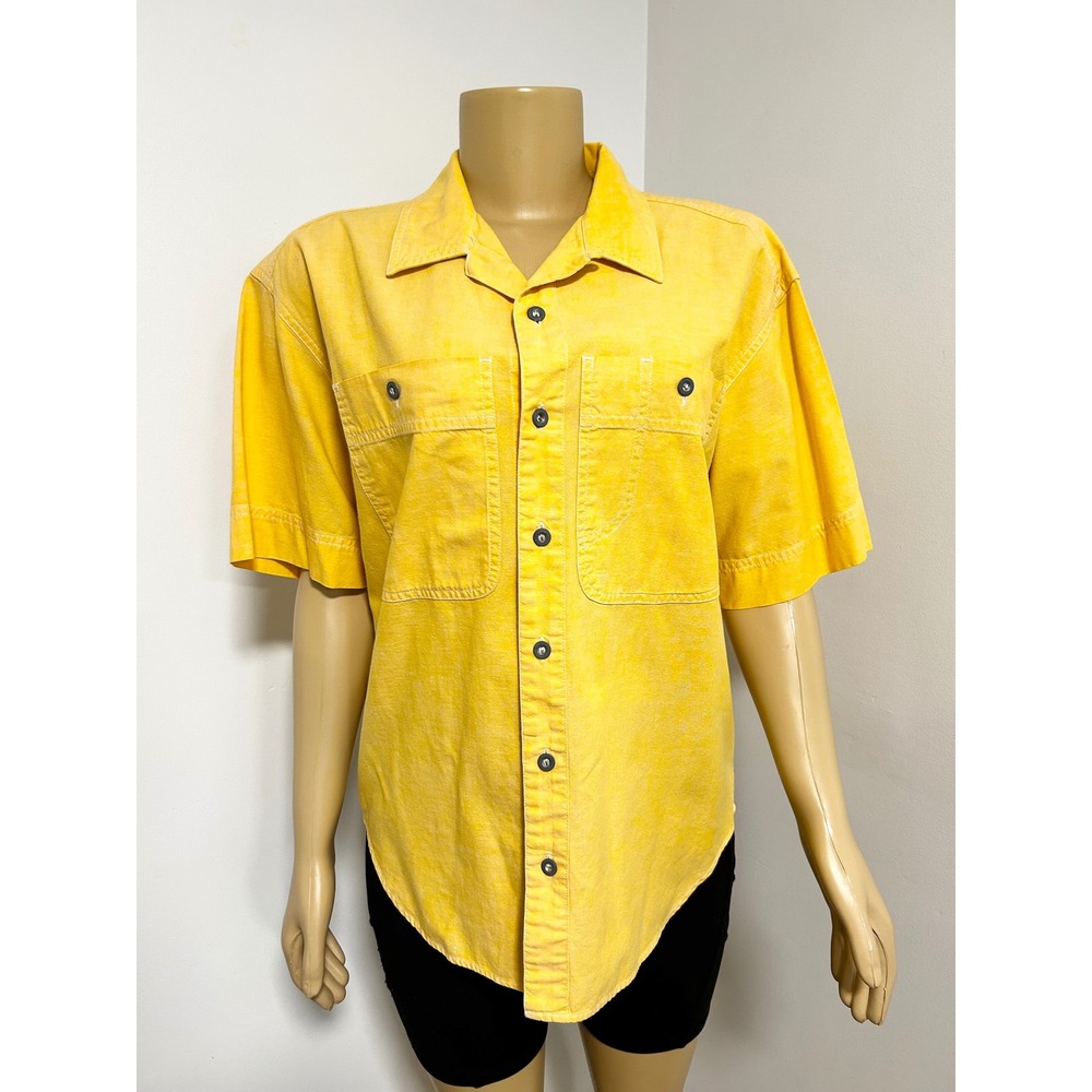 Lizwear Womens Yellow Cotton Short Sleeve Button Down Utility Shirt Medium